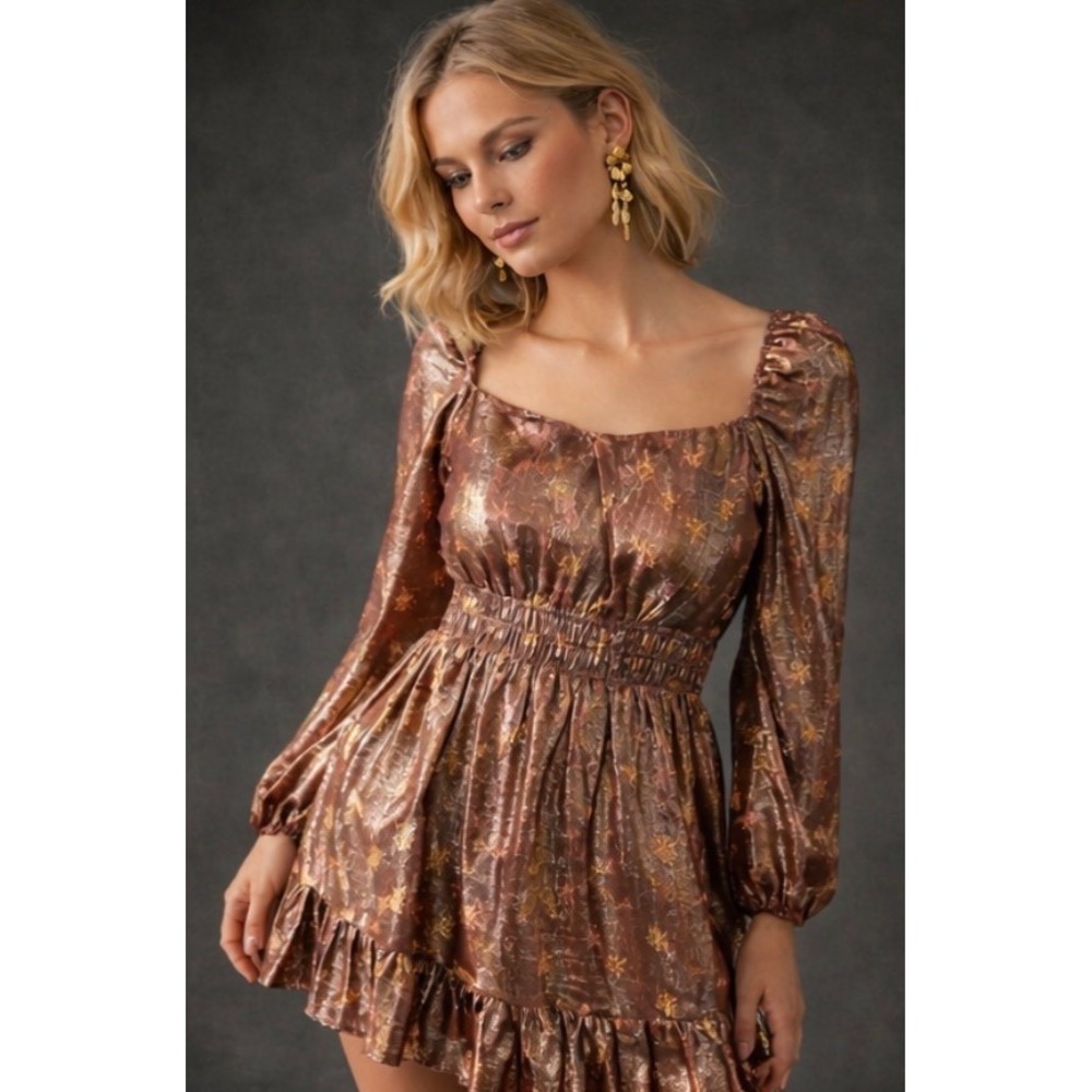 PAIGE Anthropologie NEW Noah Metallic Floral Mini Dress SILK Blend LS Bronze XXS